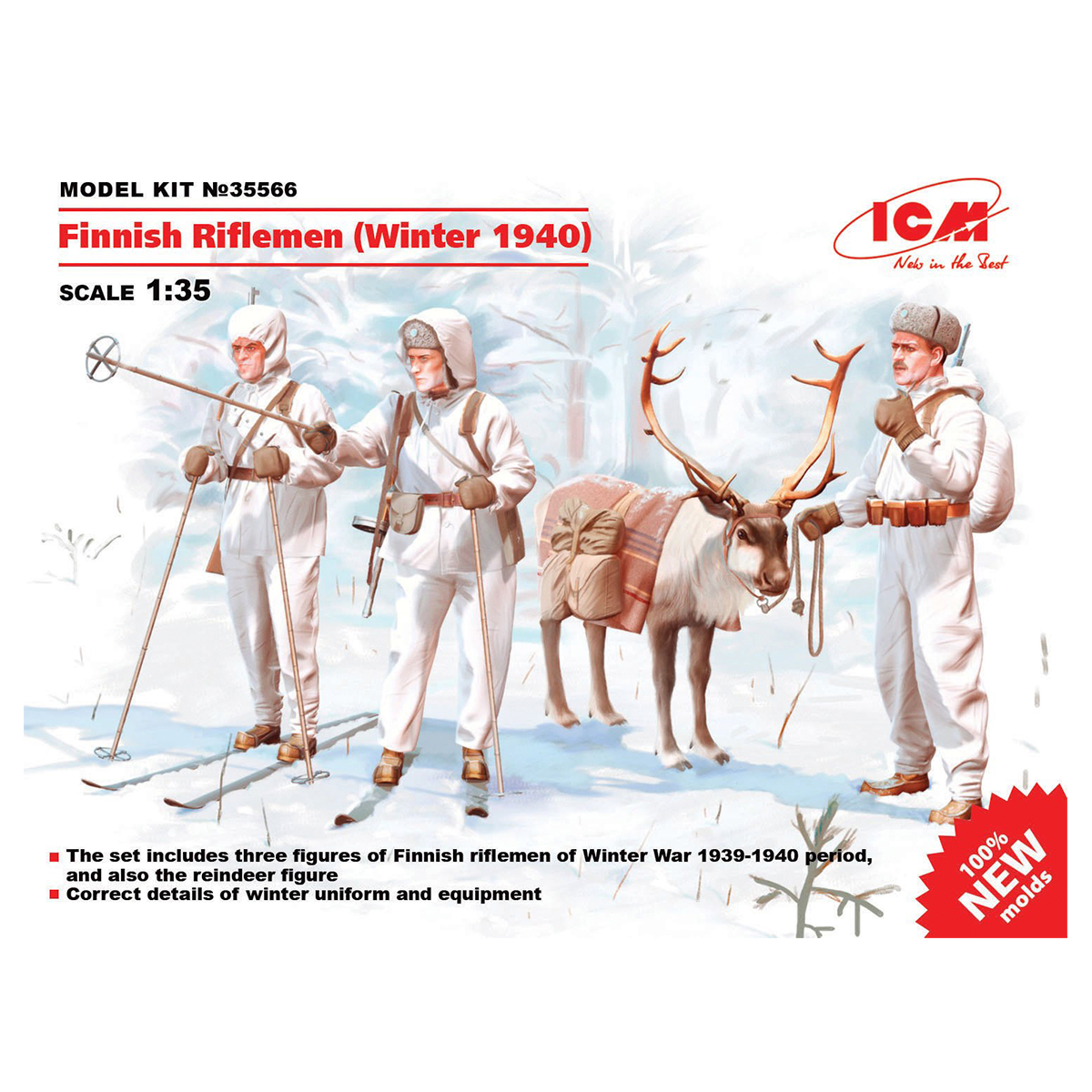 Finnish Riflemen (Winter 1940) (4 figures – 3 rifleman, 1 reindeer) 1/35