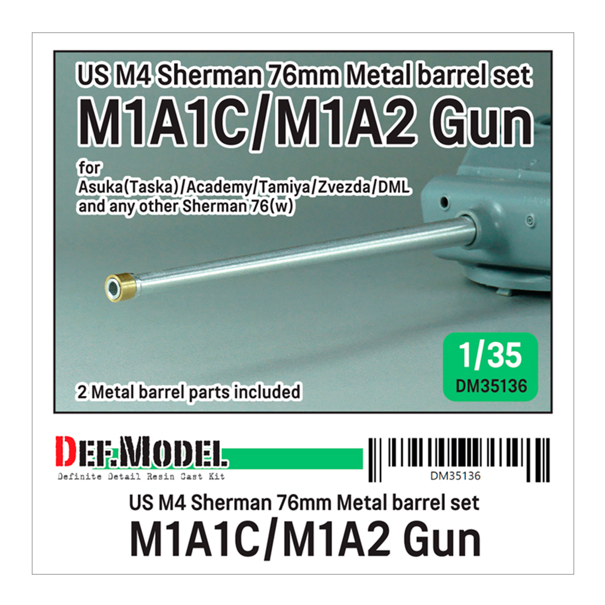 US M4 Sherman 76mm M1A1C/M1A2 Metal barrel set (for 1/35 Sherman 76(w) kit)